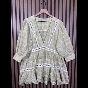 Free People Peasant Dress Green Lace Trim Puff Sleeve Check Print Textured Mini